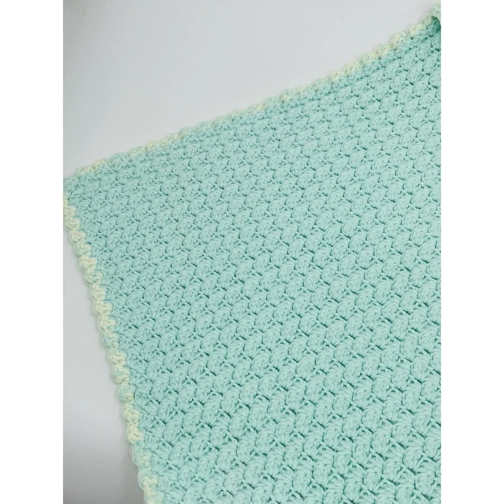 Vintage Hand Knit Crochet Hooded Baby Blanket Sea Green 25
